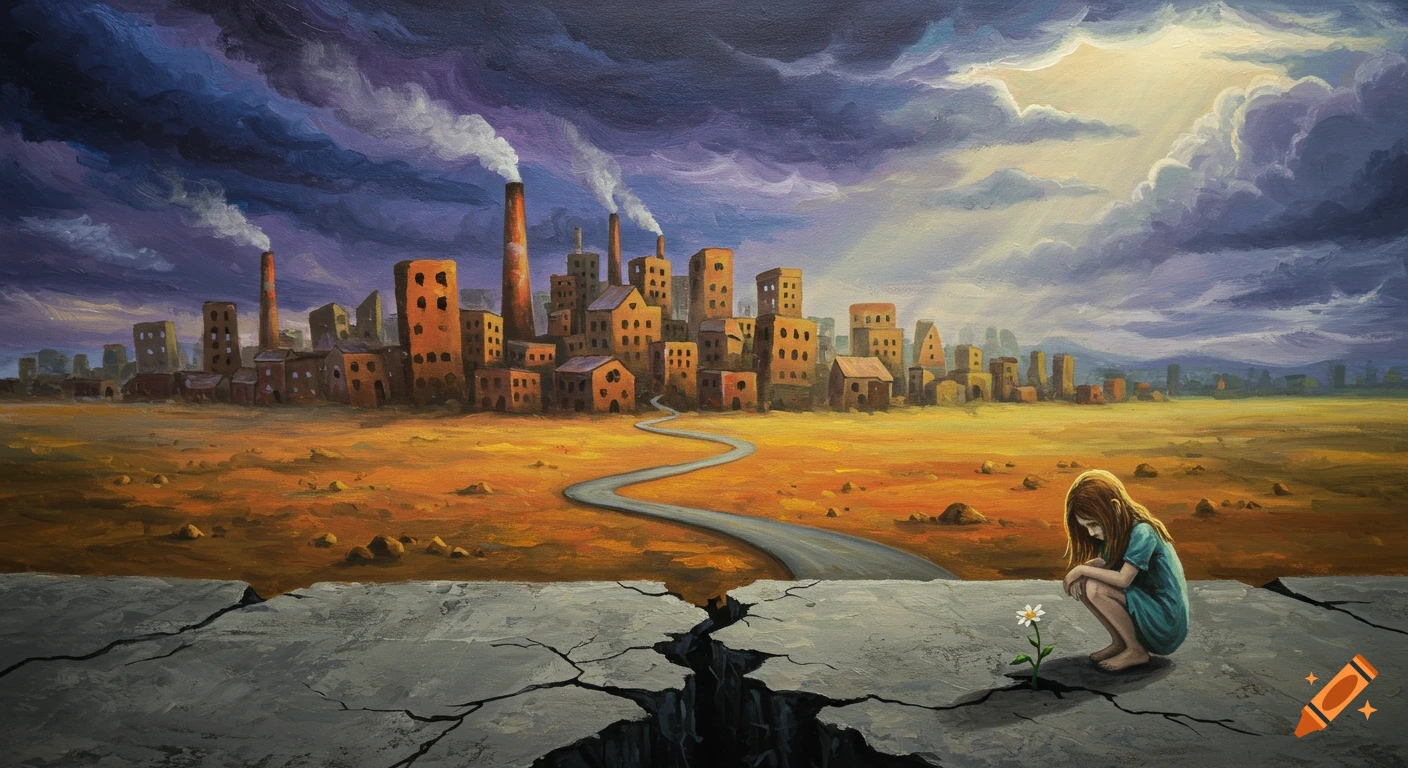 Expressionistic painting of a sad girl crouching by a flower in cracked ground, with a polluted city under dark clouds.