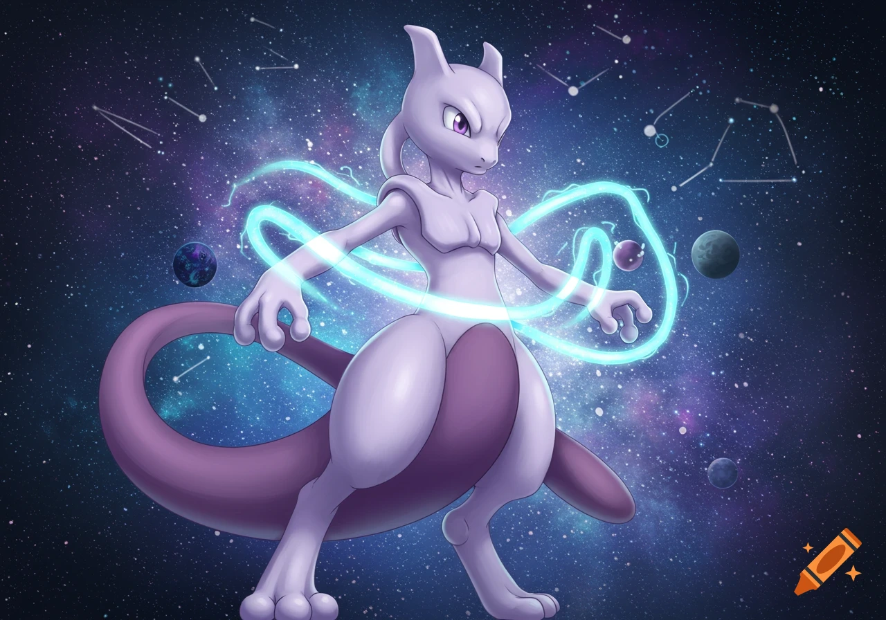 Mewtwo stands in space amidst stars and planets, glowing blue energy swirling around its hands.
