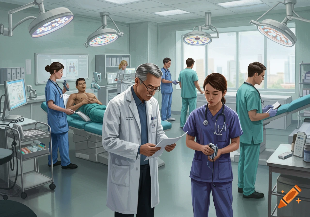 Illustrative scene of doctors and nurses in a medical clinic with a patient and equipment.