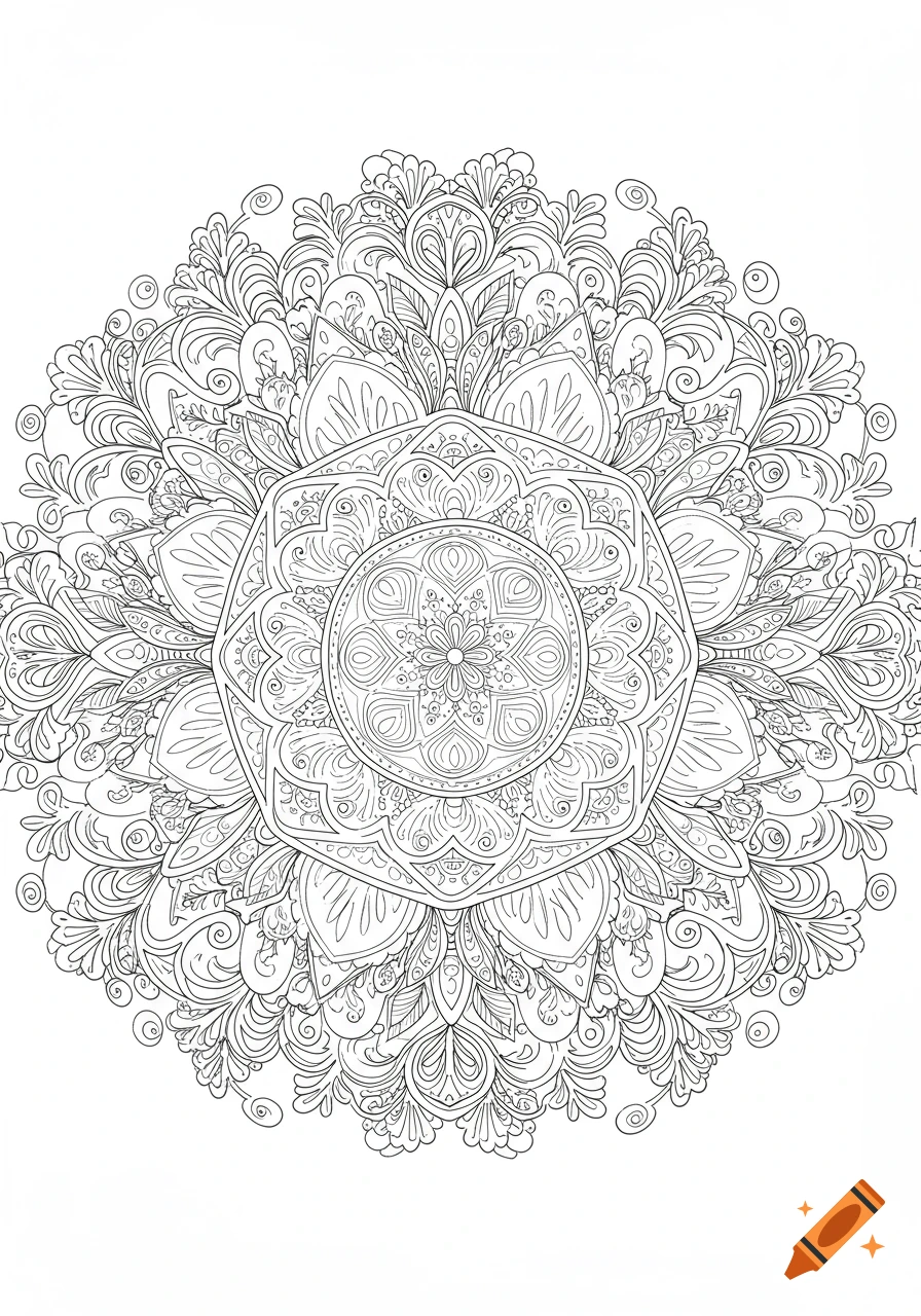 Detailed black-and-white line art illustration of a circular mandala with intricate, symmetrical patterns for coloring.