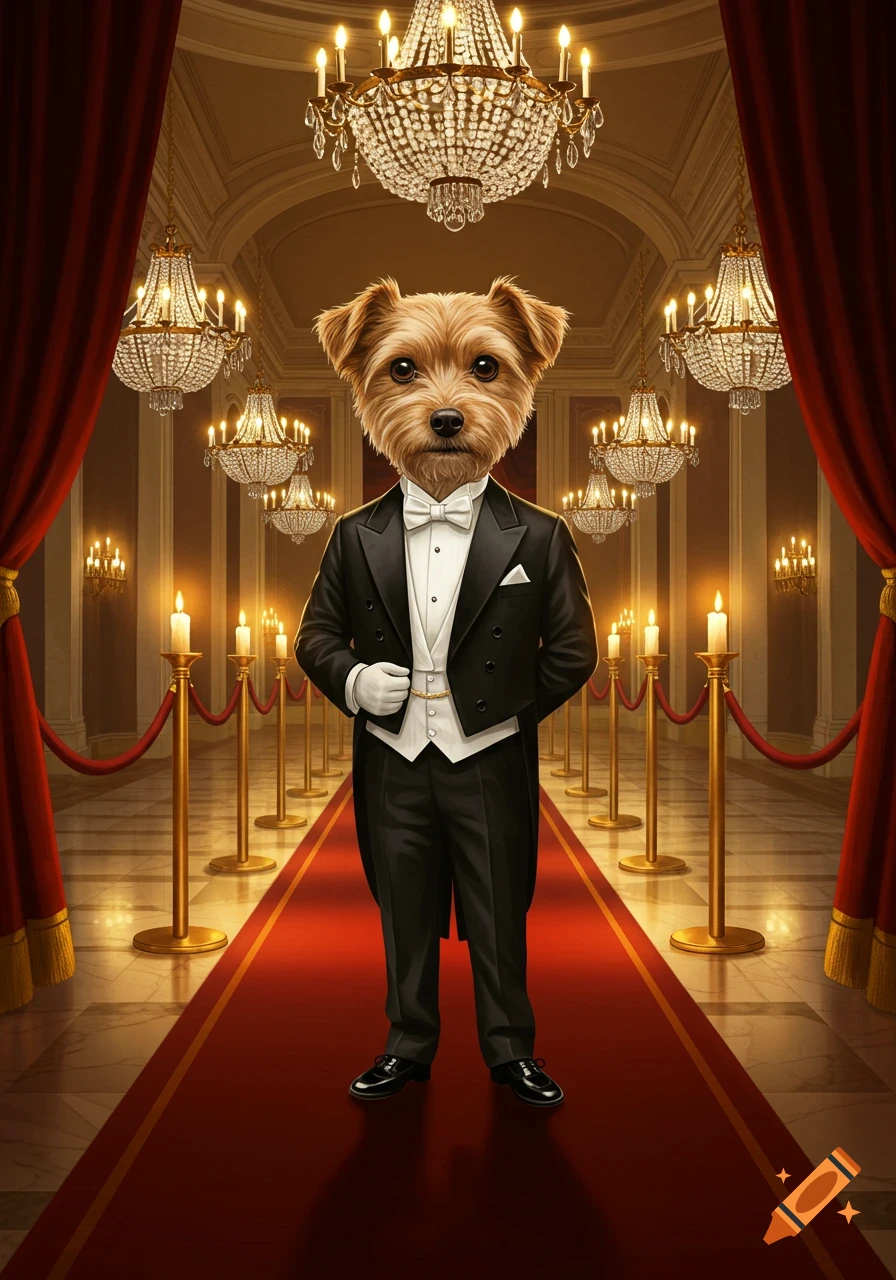 A small dog wearing a black tuxedo stands on a red carpet in a grand hall with numerous chandeliers, candles, and velvet ropes.