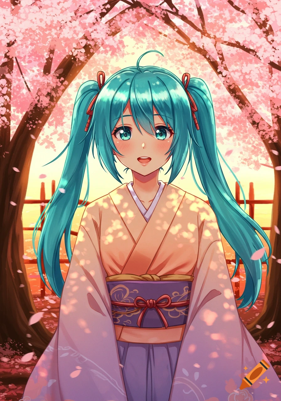 An anime girl with long teal pigtails, wearing a kimono, stands under blooming pink cherry blossom trees at sunset.