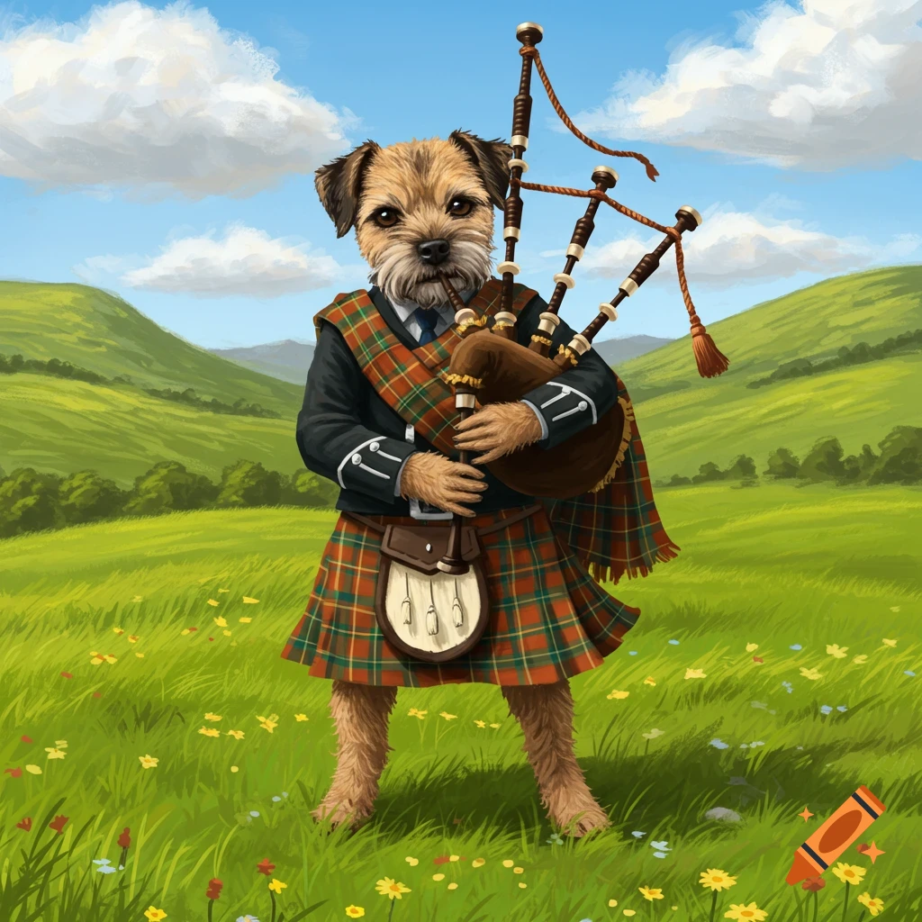 An anthropomorphic Border Terrier dog in a kilt plays bagpipes in a vibrant green, flowery field. Illustration.