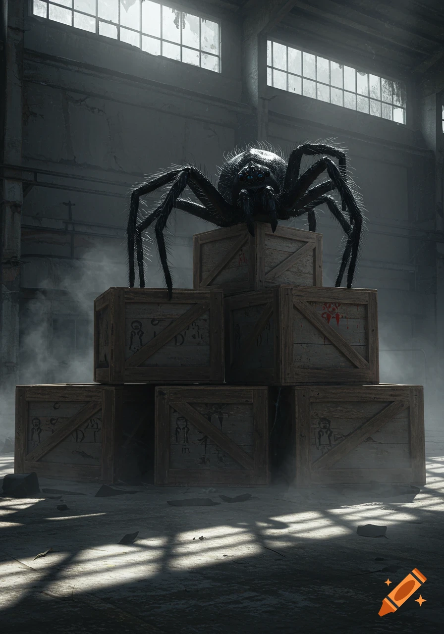 A giant hairy black spider with glowing blue eyes sits on a stack of wooden crates in a dusty, dimly lit warehouse.