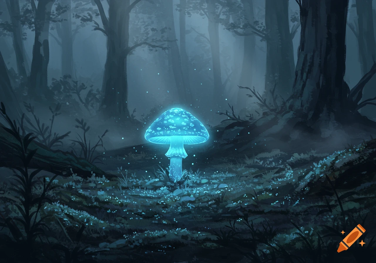 A glowing blue mushroom stands in a dark, misty forest, surrounded by illuminated foliage. Stylized illustration.