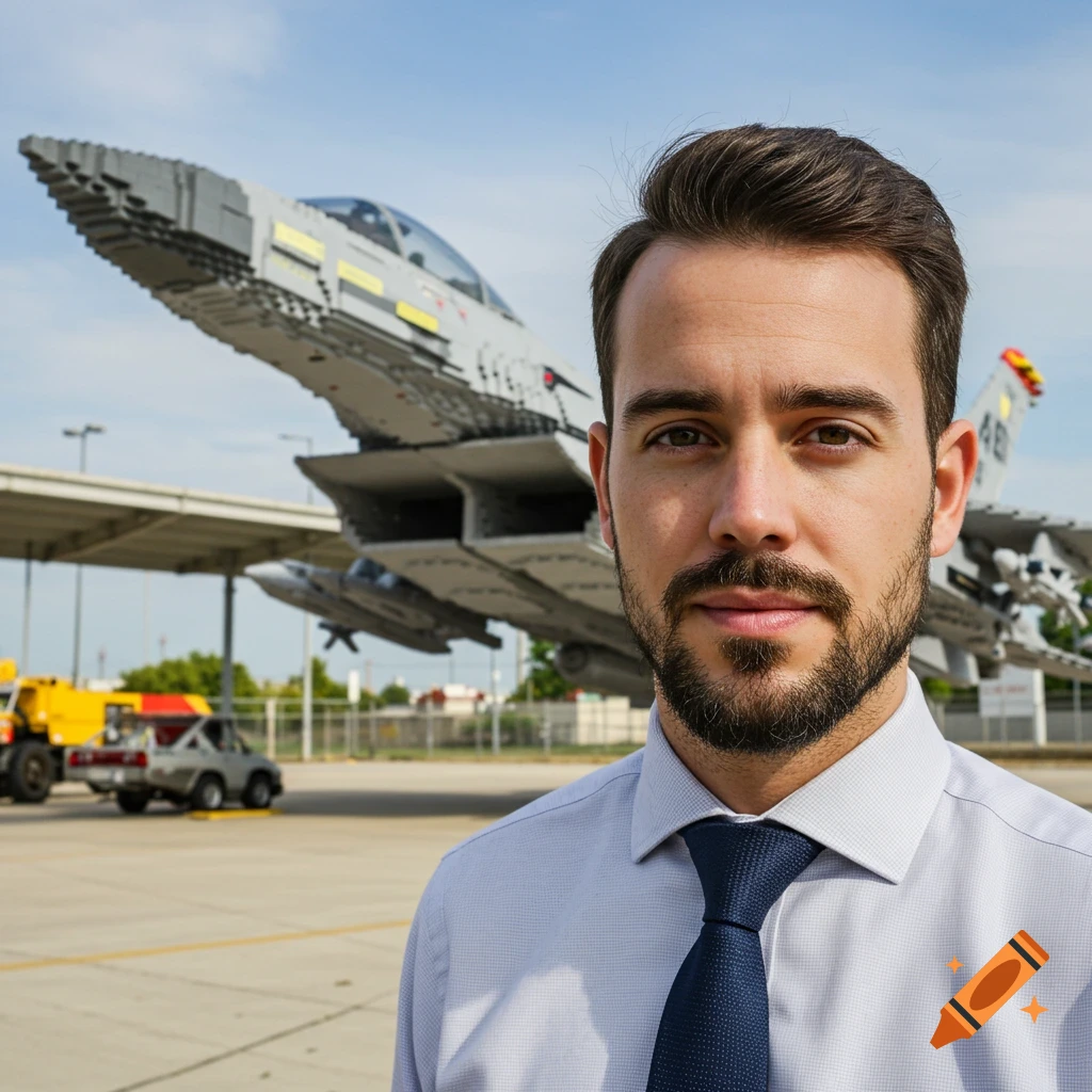 A professional man with a beard stands in front of a large grey Lego fighter jet at an airport.