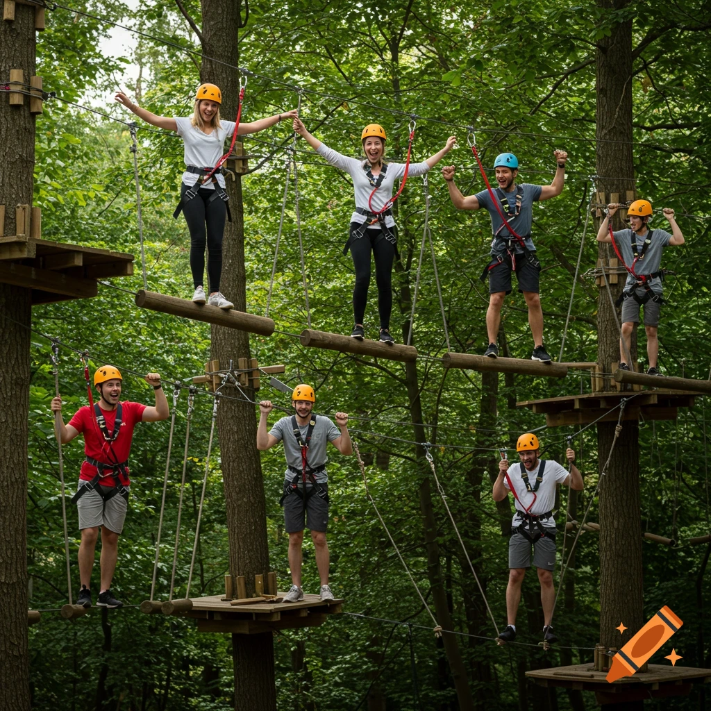 Six people in helmets and harnesses navigate a tree-top adventure course, balancing on logs and ropes in a lush forest.