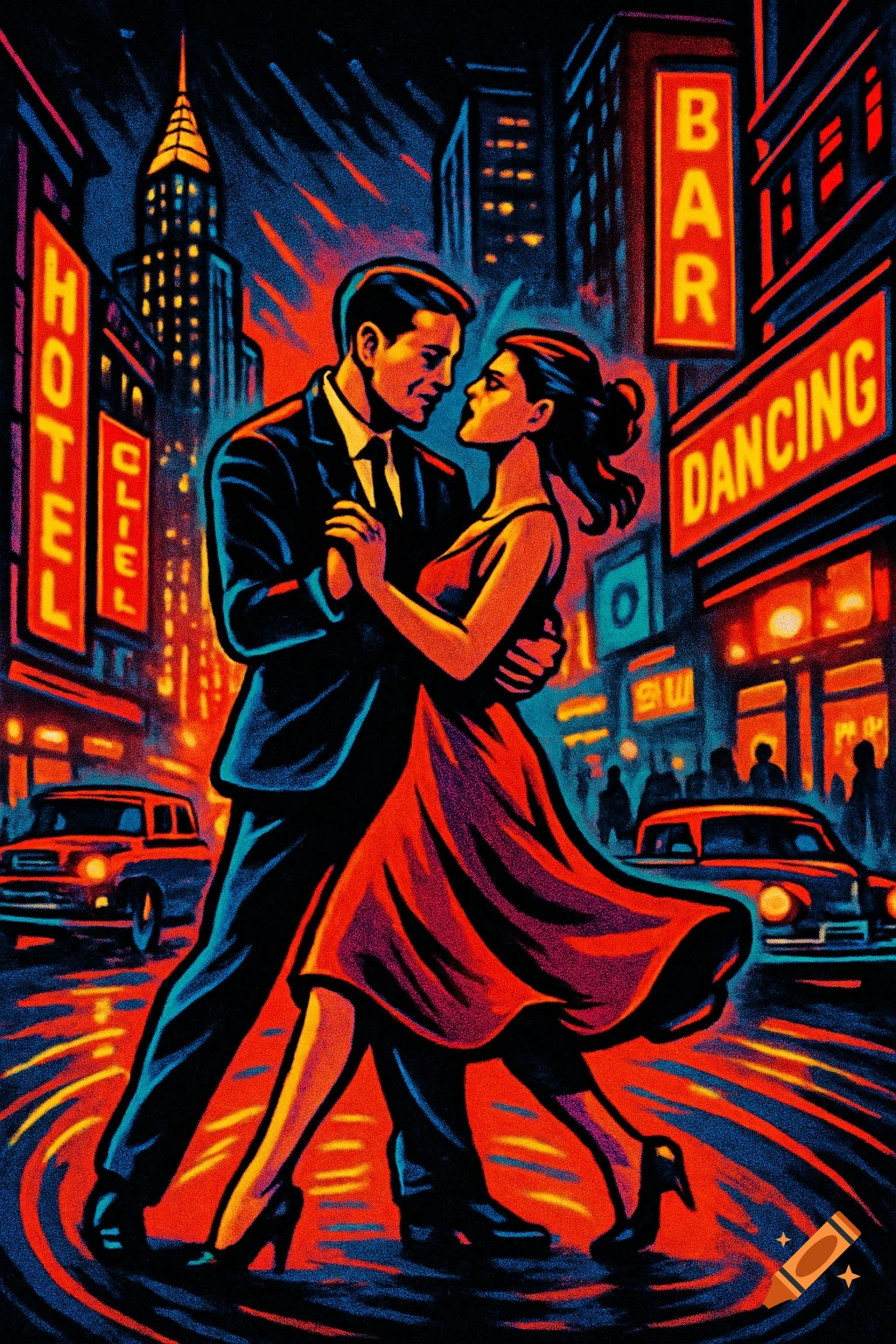 A couple dances intimately on a neon-lit city street at night, with towering buildings and classic cars in a stylized comic art style.