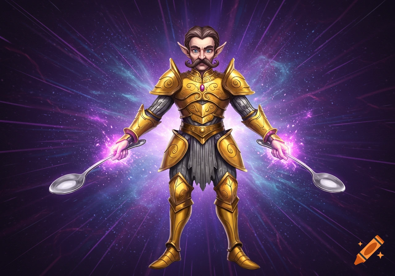 A mustached, elf-eared humanoid in golden armor holds two glowing spoons, against a purple cosmic background, anime style.