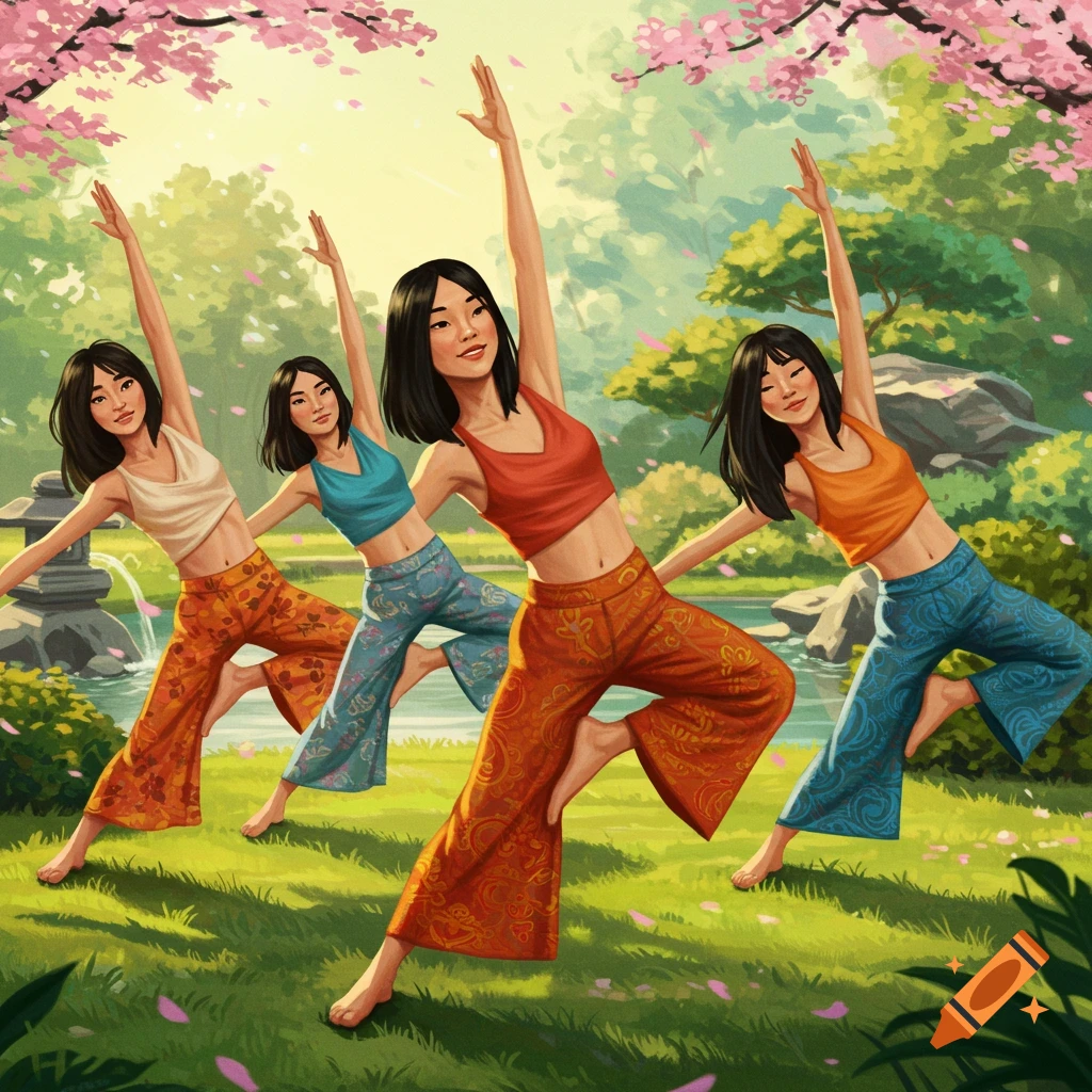Four women in crop tops and patterned pants perform yoga poses outdoors in a lush garden with pink cherry blossoms and a pond.