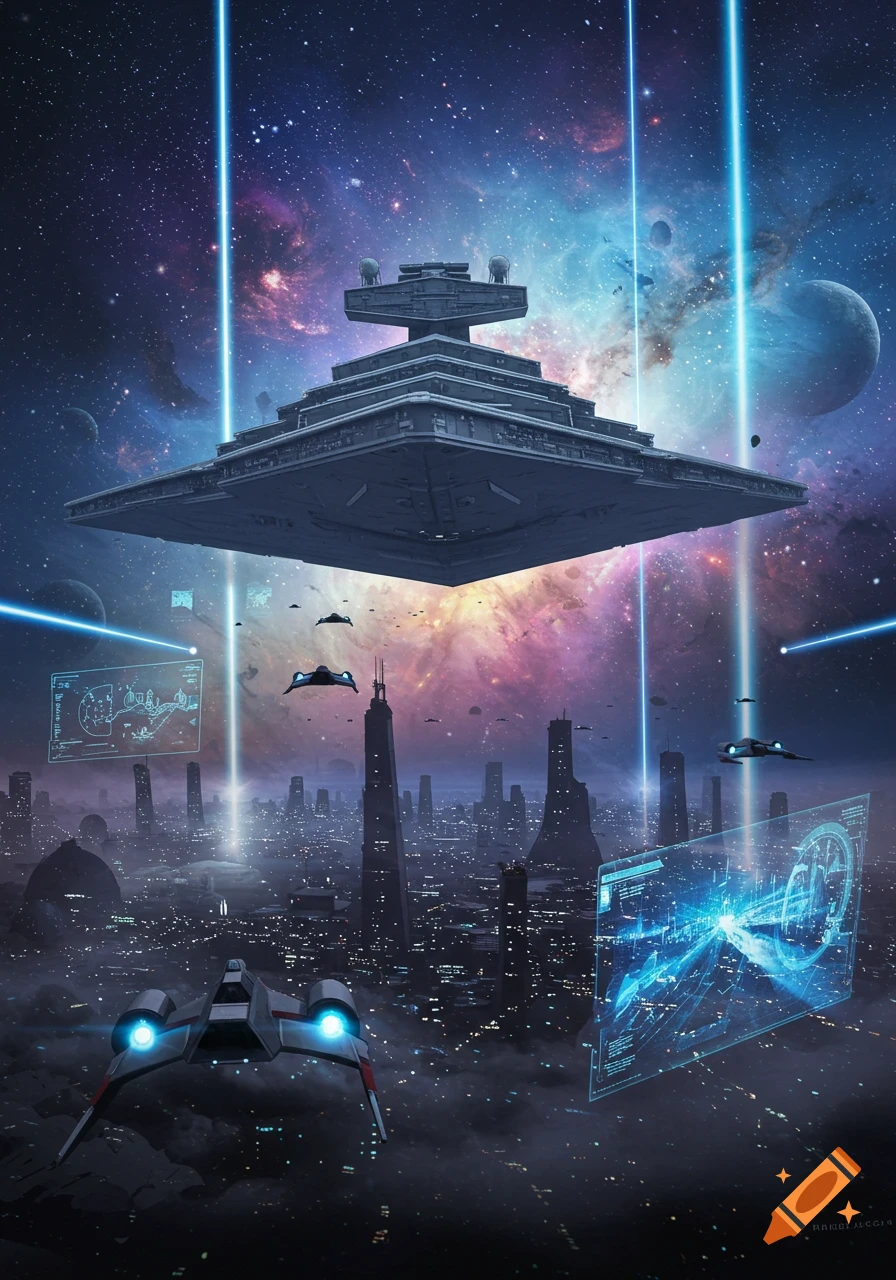 A massive, pyramid-shaped spaceship hovers above a futuristic city at night, with smaller ships and glowing blue beams against a vibrant galaxy.