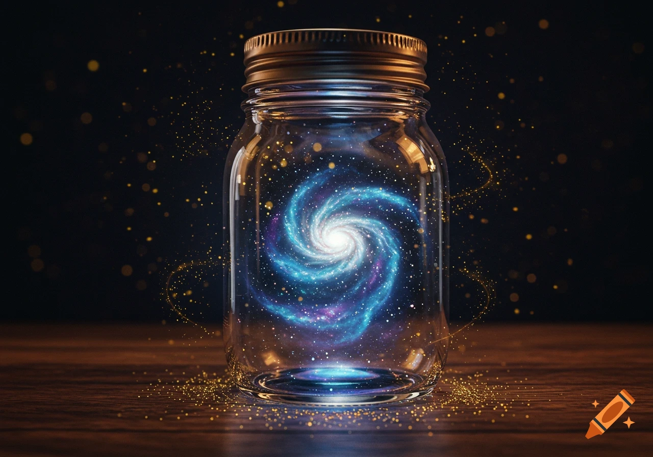 A glass jar holds a swirling blue and purple galaxy, illuminated by golden sparkles on a wooden surface.