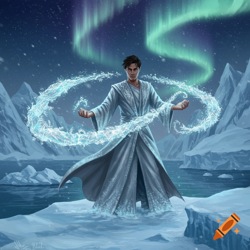 A man in a white robe stands in a snowy, icy landscape, conjuring a swirl of ice magic from his hands under an aurora borealis at night.