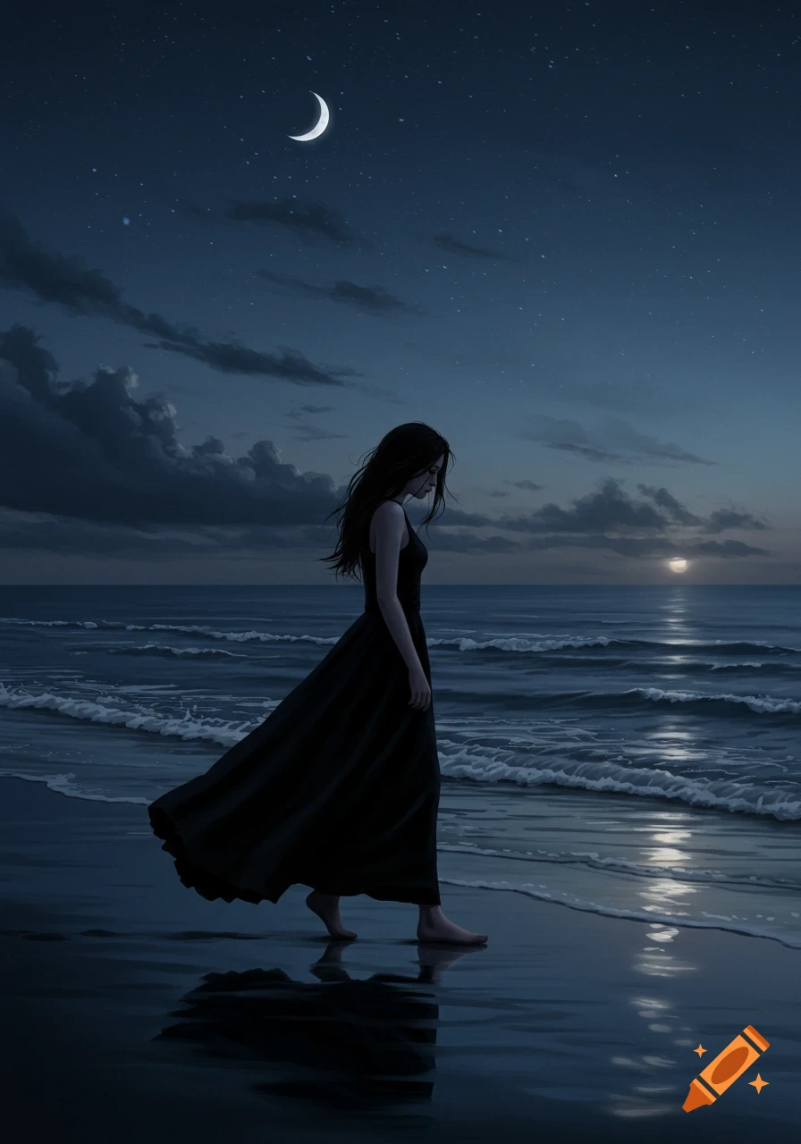 A woman in a long black dress walks barefoot on a moonlit beach at night with waves crashing.