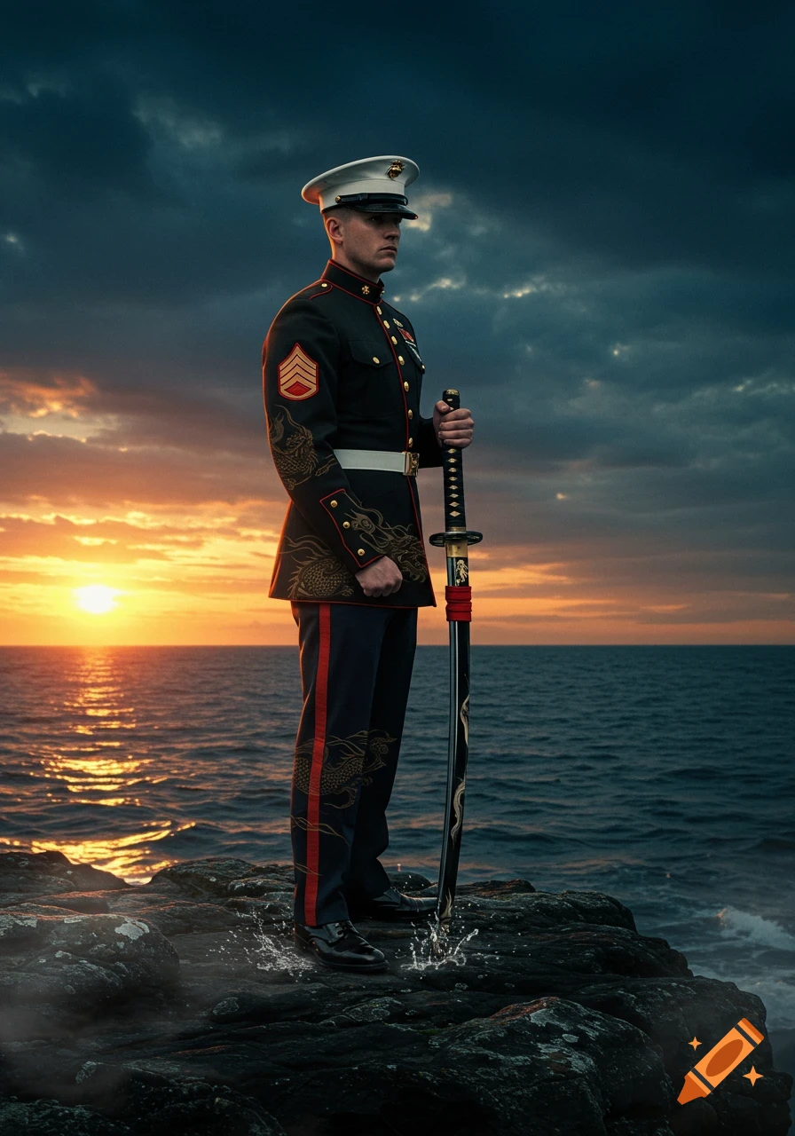 A man in a dark military uniform with gold dragon embroidery stands on rocks by the ocean, holding a katana at sunset.