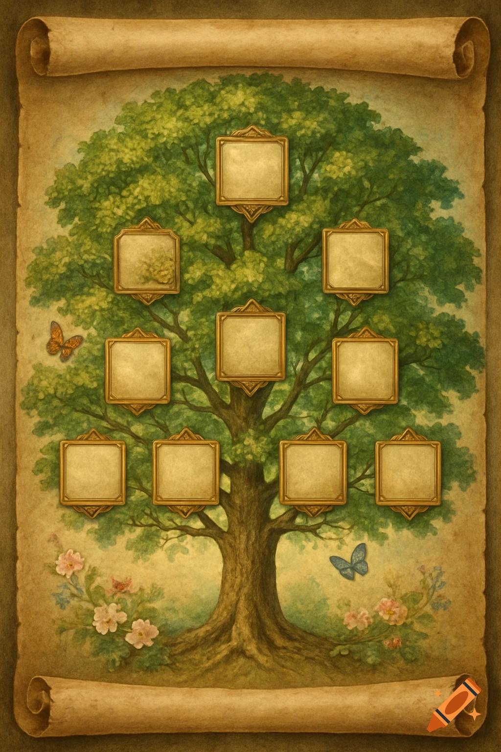 A vintage family tree chart painted on an old scroll, featuring a large green tree with empty ornate frames, butterflies, and flowers.