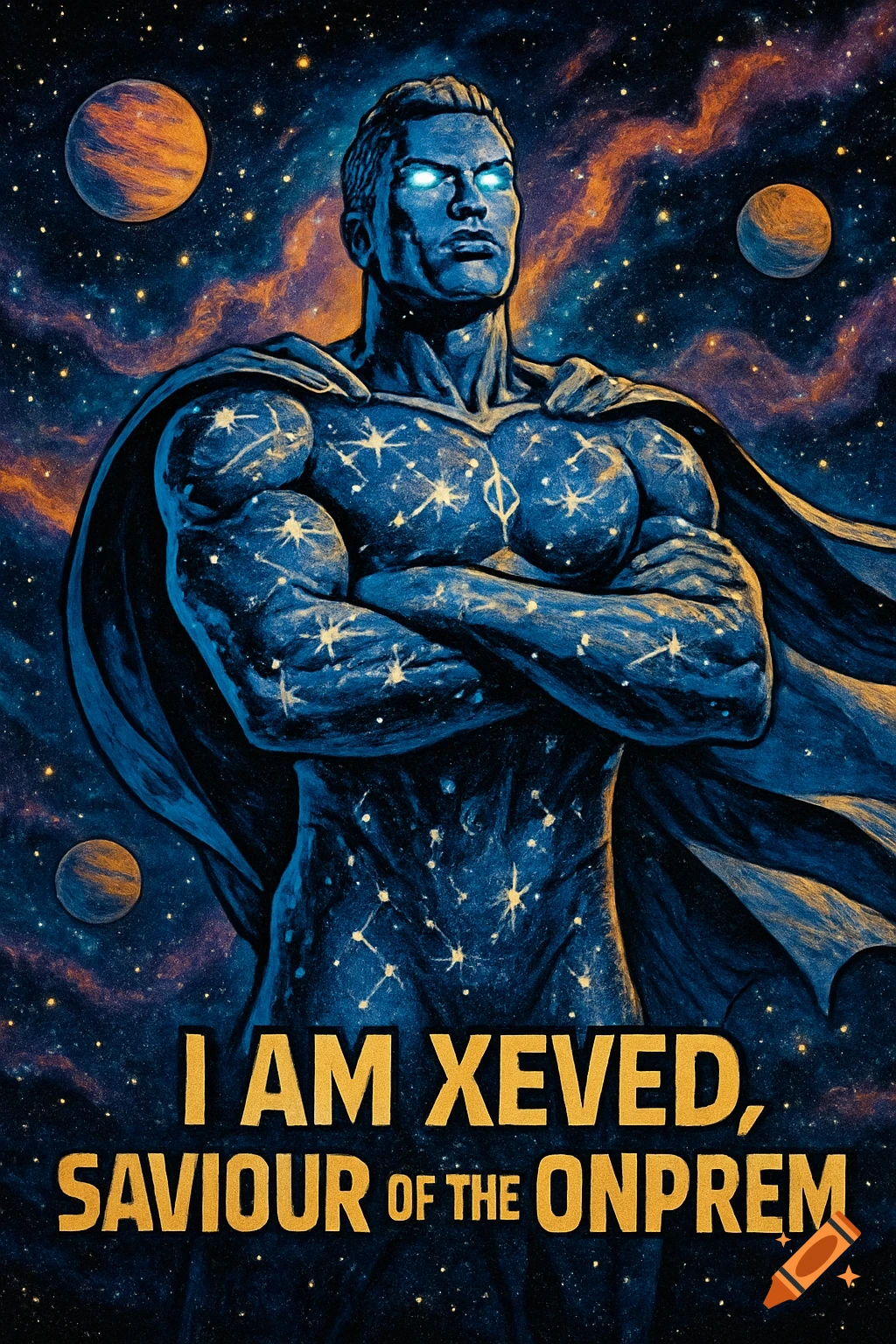 A muscular, blue superhero with glowing eyes and stars on his body stands in a cosmic setting. Text reads: I AM XEVED, SAVIOUR OF THE ONPREM.
