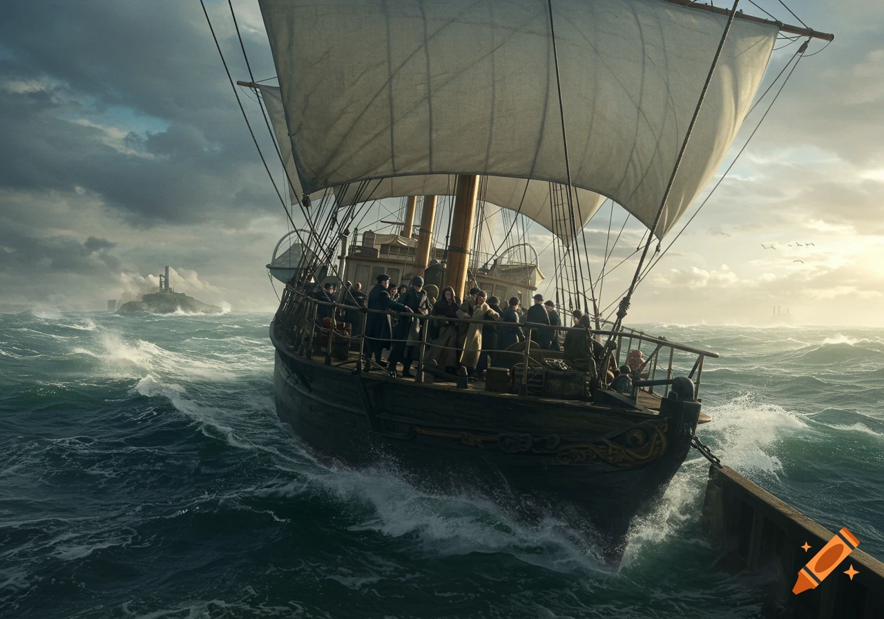 A large sailing ship carrying many passengers battles rough seas under a stormy sky with an island in the distance, photorealistic.