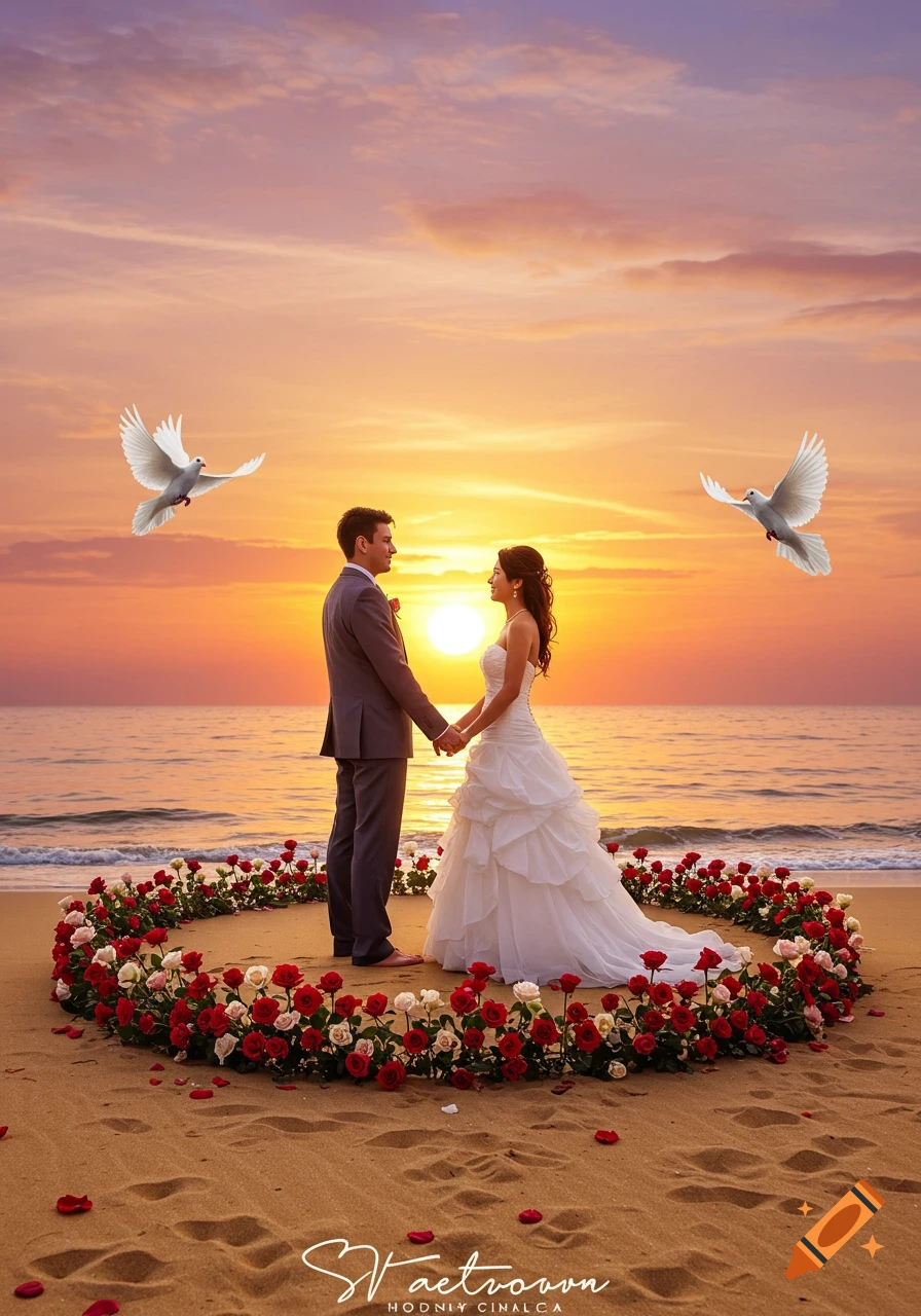 A wedding couple holds hands on a beach at sunset, standing within a heart of red and white roses, with two doves flying.