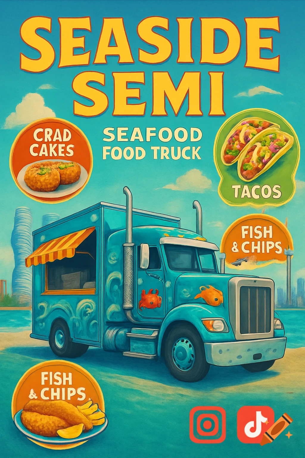 A stylized poster for "Seaside Semi Seafood Food Truck" featuring a turquoise semi-truck by the ocean, with menu items like tacos, crab cakes (misspelled as crad cakes), fish & chips, and Instagram and TikTok logos.
