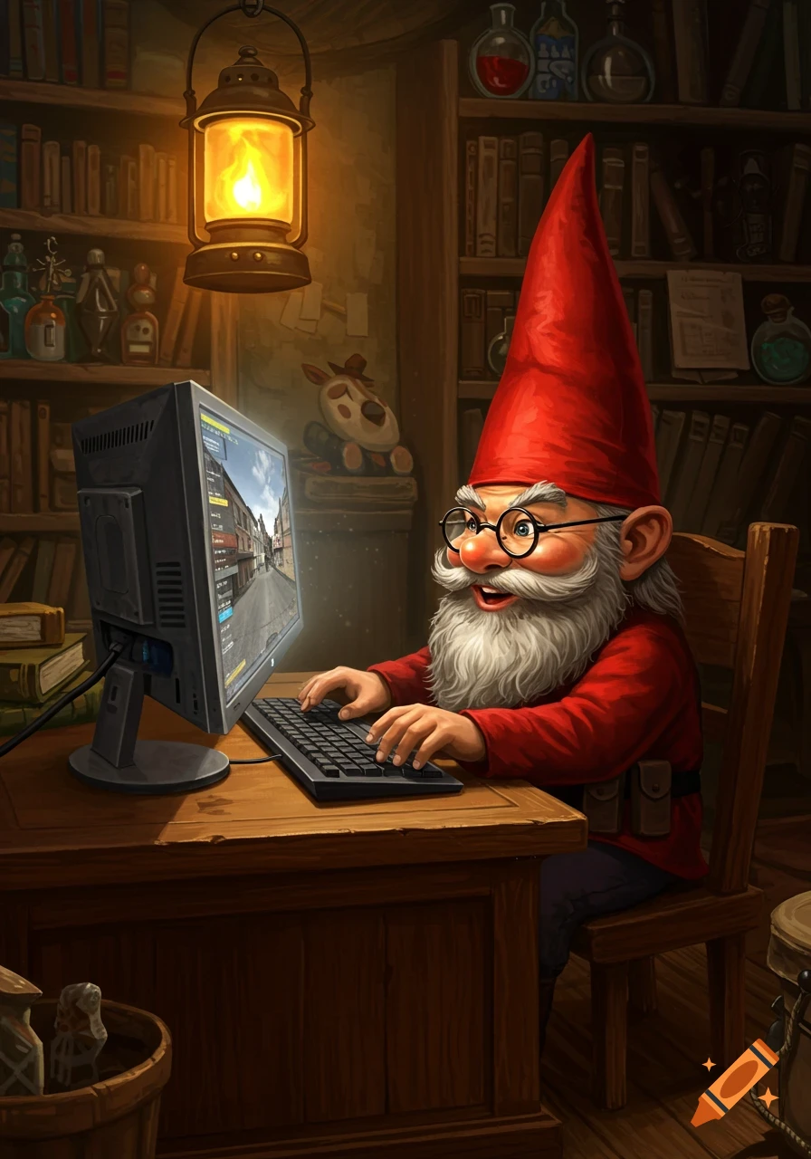 A cartoonish gnome with a red hat, white beard, and glasses enthusiastically plays a computer game at a wooden desk, illuminated by a lantern, surrounded by bookshelves.