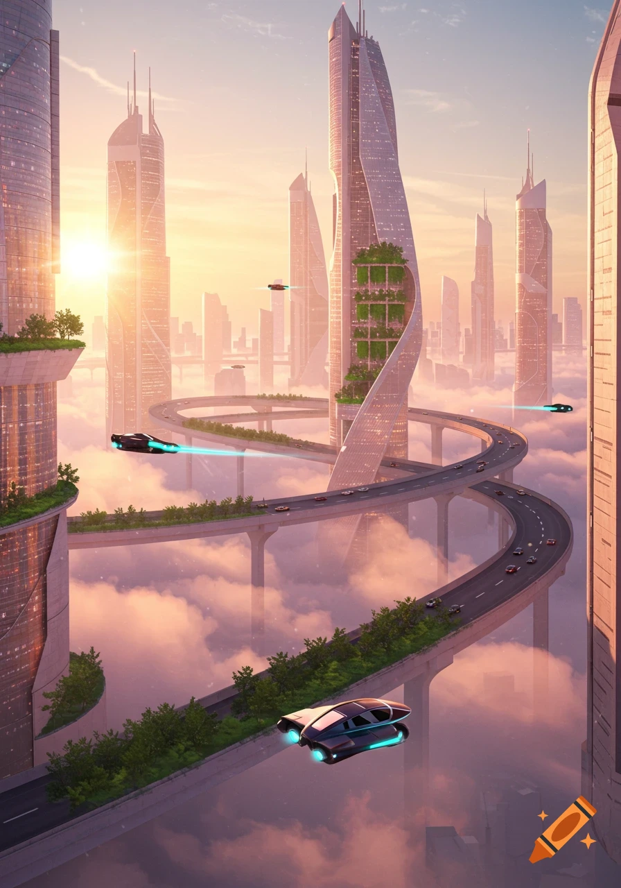 A vibrant futuristic cityscape with towering skyscrapers and elevated highways amidst clouds, under a sunrise sky, with flying vehicles.