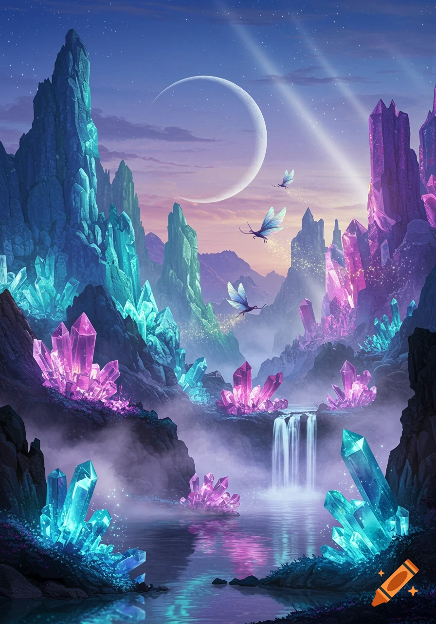 Vibrant fantasy landscape with glowing pink and blue crystals, a waterfall, a crescent moon, and ethereal flying creatures.