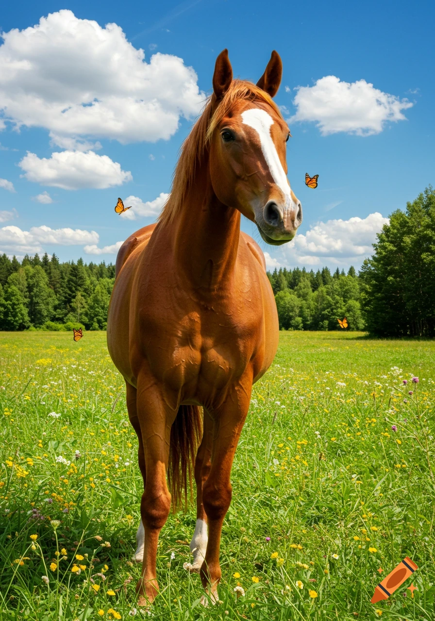 A chestnut horse with a white blaze stands in a wildflower meadow under a blue sky, with butterflies nearby.