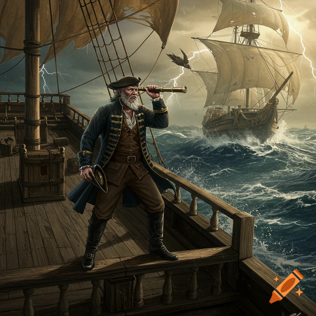 A weathered pirate captain uses a telescope to gaze across stormy seas from his ship's deck, with lightning and another ship in the distance.