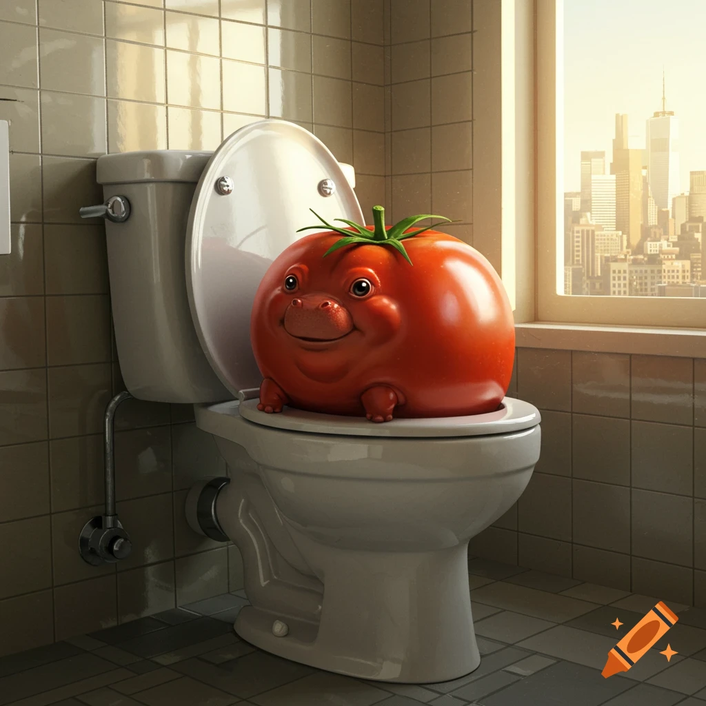 A cheerful, round, red tomato-hippo creature sits on a toilet in a tiled bathroom, with a city skyline visible through the window.
