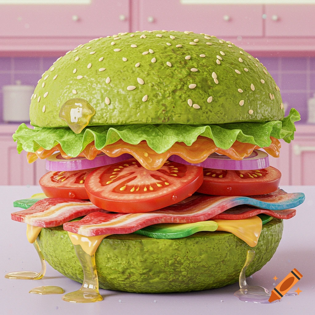 A colorful, stylized 'Frankenfood' burger with a green bun, tomatoes, rainbow bacon, and various colorful sauces dripping, set in a pink kitchen.