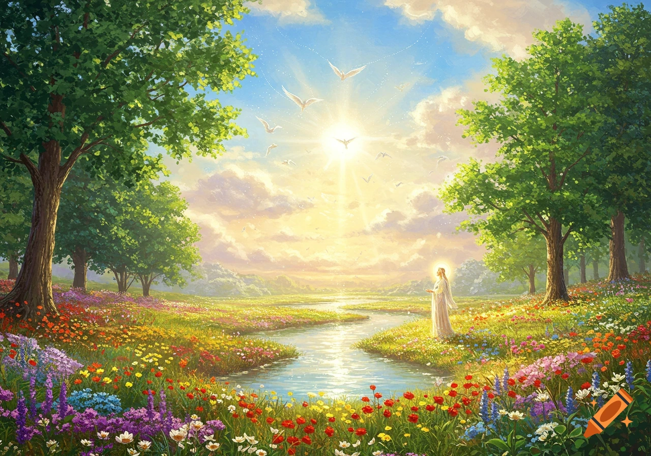 A divine figure stands by a winding river in a vibrant meadow filled with colorful flowers under a bright, sunny sky with birds.