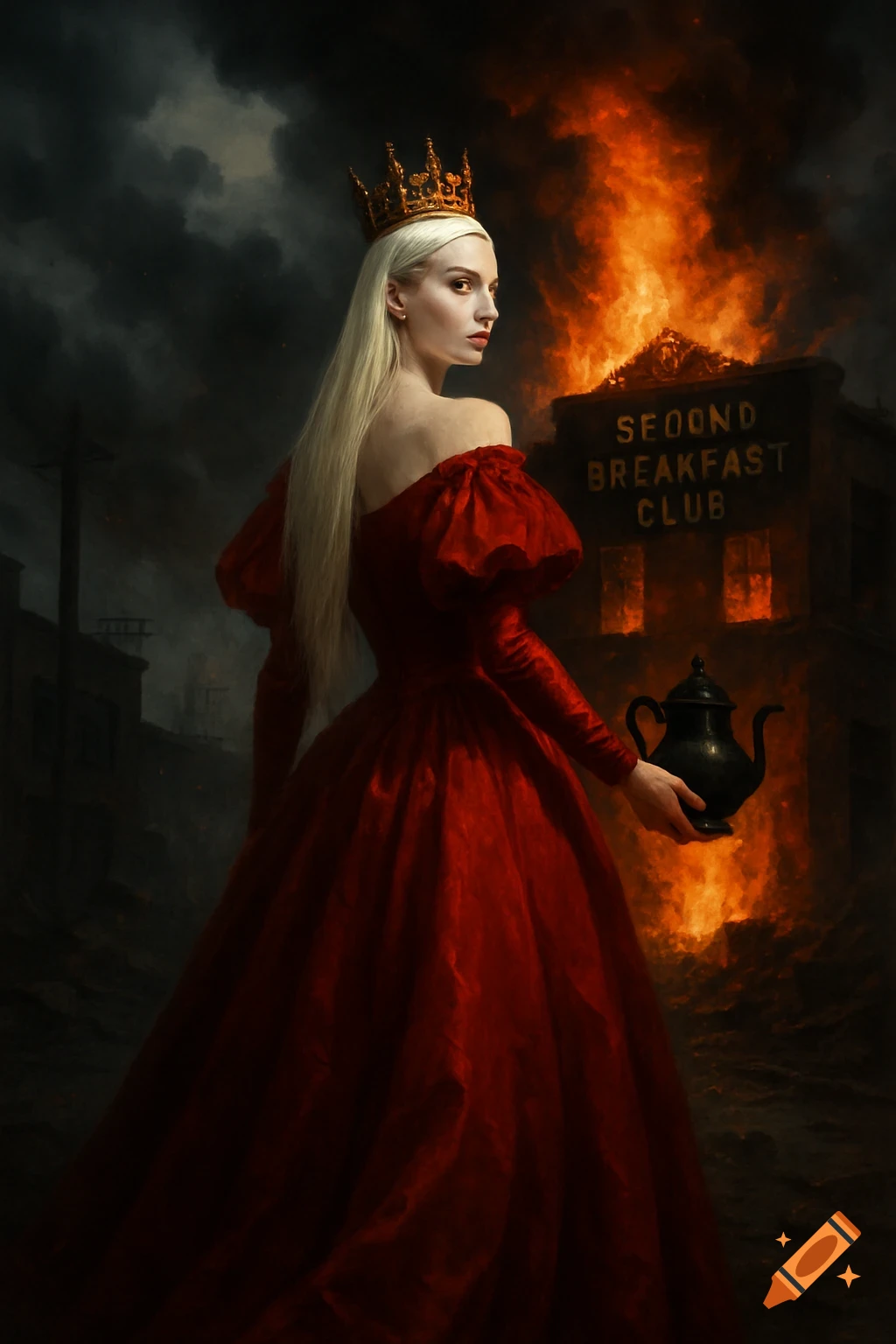 A blonde queen in a red gown with a gold crown holds a teapot, looking back at a burning 'SECOND BREAKFAST CLUB' building.