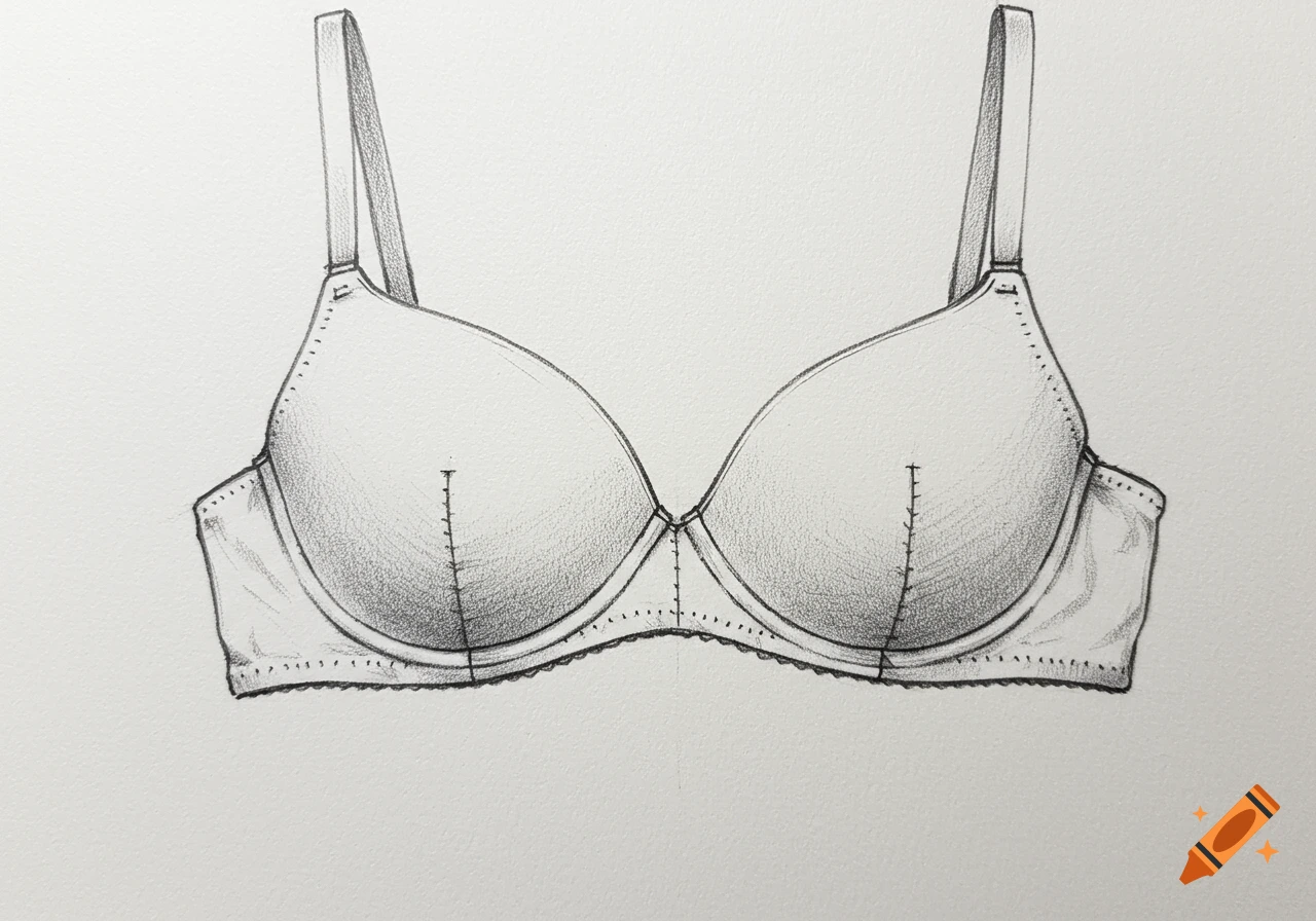 Pencil sketch drawing of a white bra, seen from the front, highlighting the visible seams and shading.