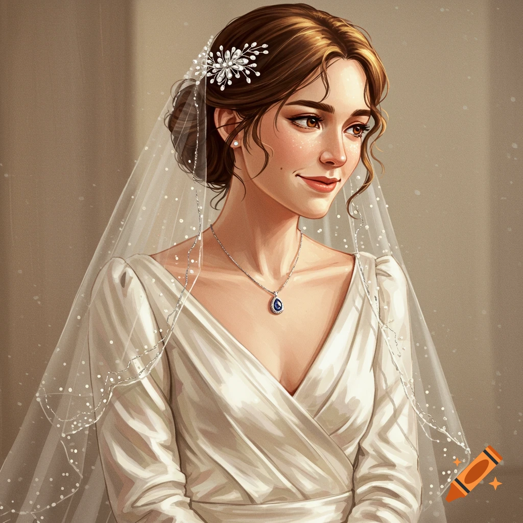 Illustrative portrait of a beautiful bride in a white wedding dress, veil, and sapphire necklace, smiling softly.