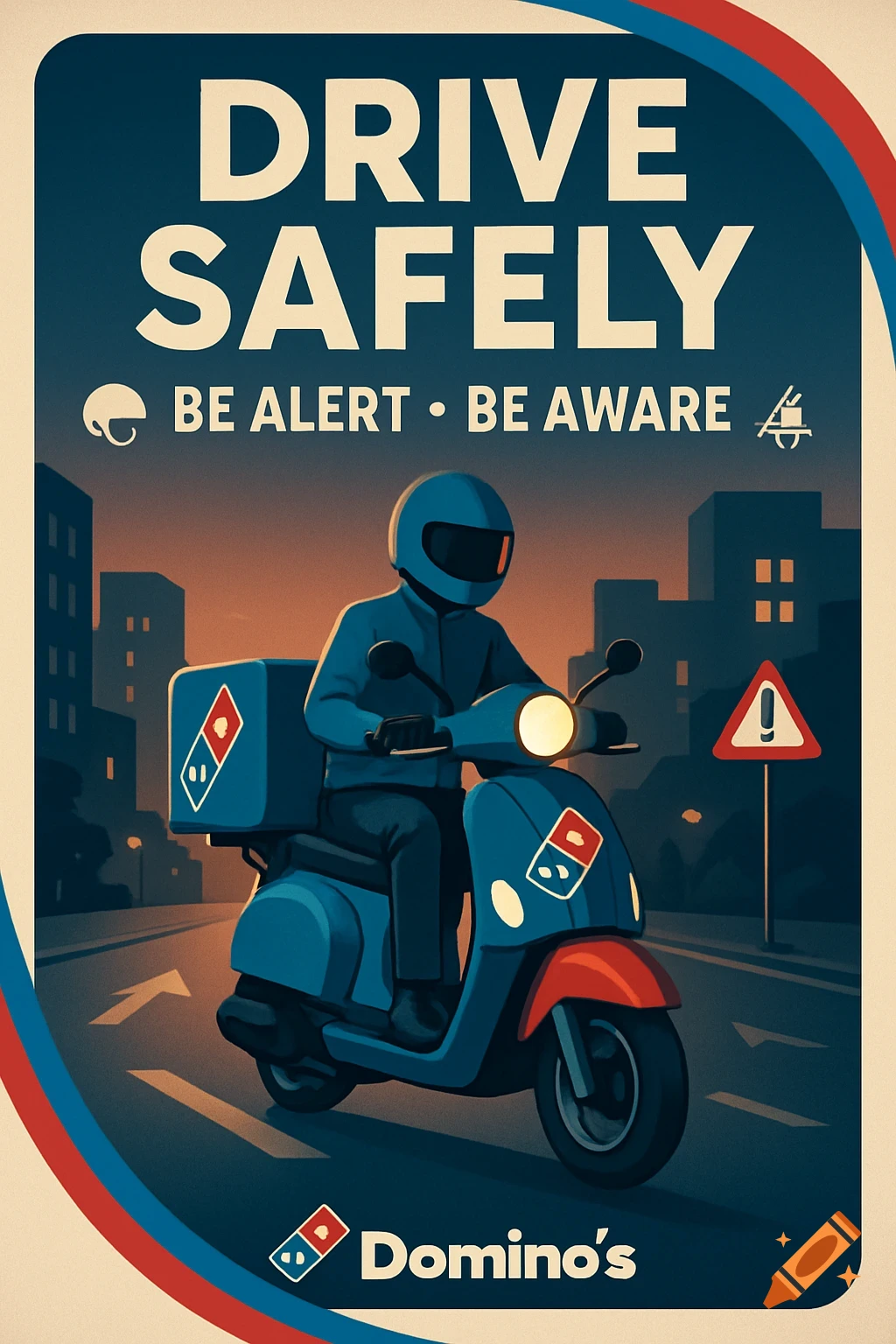 A retro-style safety poster for Domino's featuring a delivery driver on a scooter at dusk with text "DRIVE SAFELY BE ALERT • BE AWARE" and "Domino's".