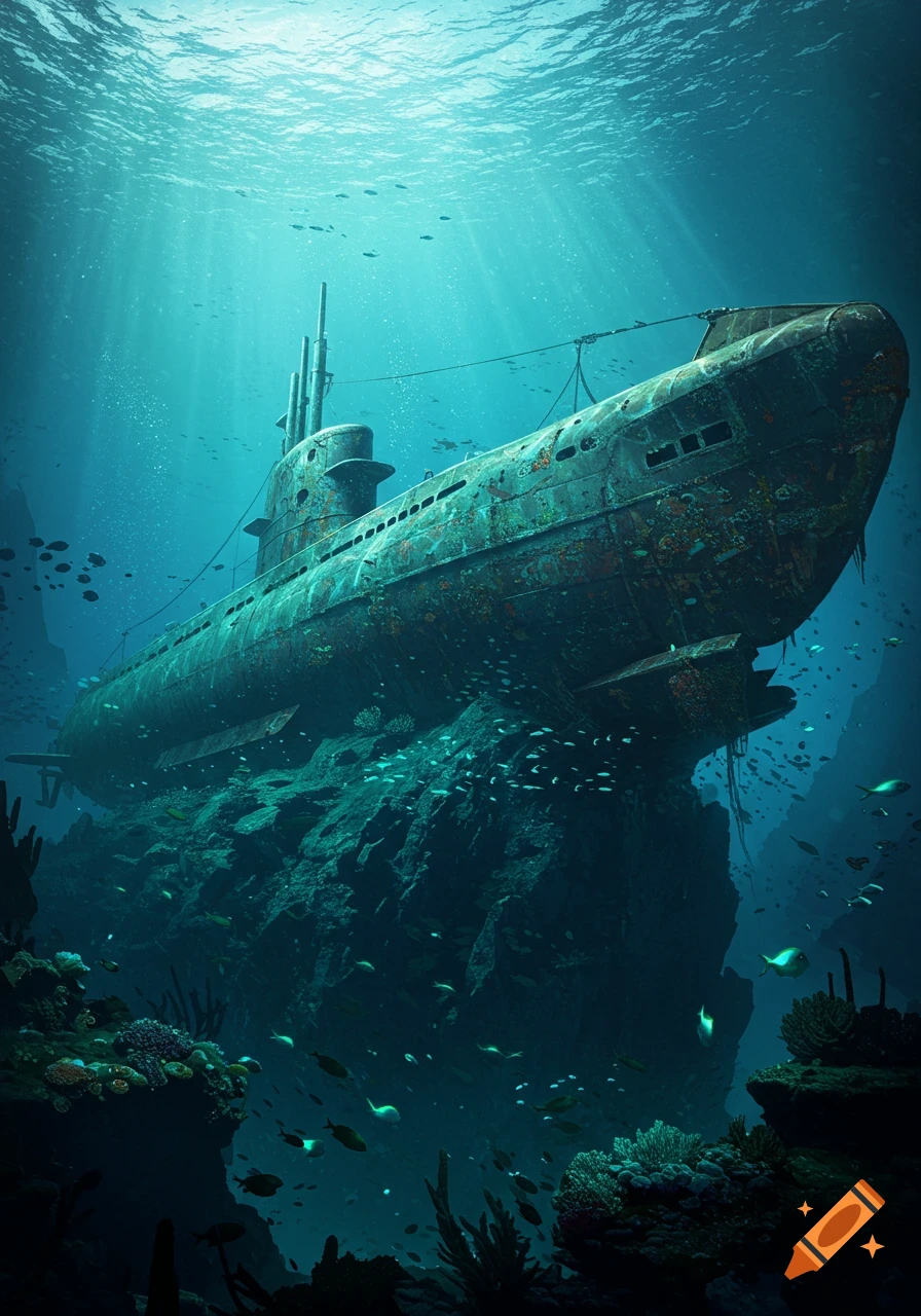 An old, rusty submarine rests on a rocky seabed amidst coral and schools of fish, with light rays piercing the blue water from above.