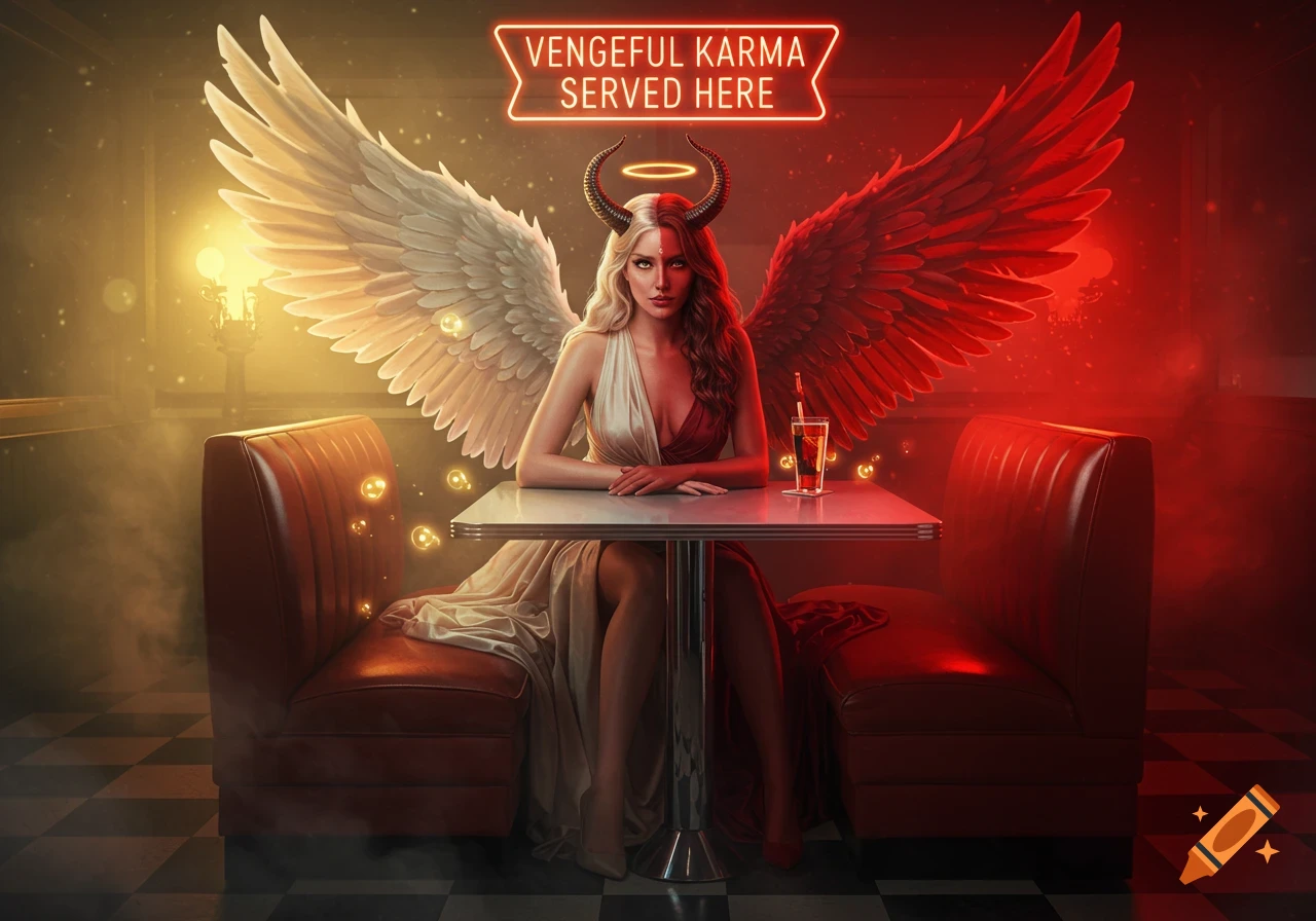 A fantasy woman with white angel and red devil wings, horns, and a halo sits at a diner booth under a neon sign reading "VENGEFUL KARMA SERVED HERE".