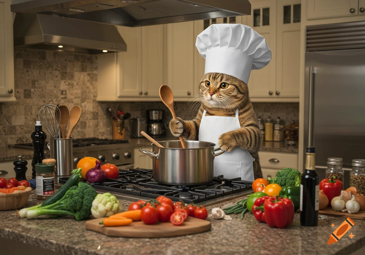 A photorealistic cat chef wearing a white toque and apron stirs a pot on a stove in a well-equipped kitchen, surrounded by fresh vegetables.