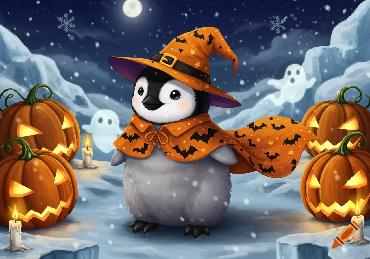 Cute baby penguin in a witch hat and bat cape, surrounded by glowing jack-o'-lanterns and ghosts in a snowy, moonlit Halloween scene.