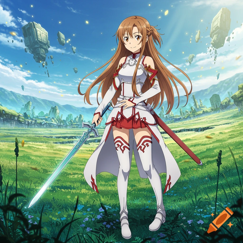 An anime character, Asuna, with long brown hair, wears a white and red fantasy outfit, holding a glowing sword in a grassy field with floating islands in the sky.