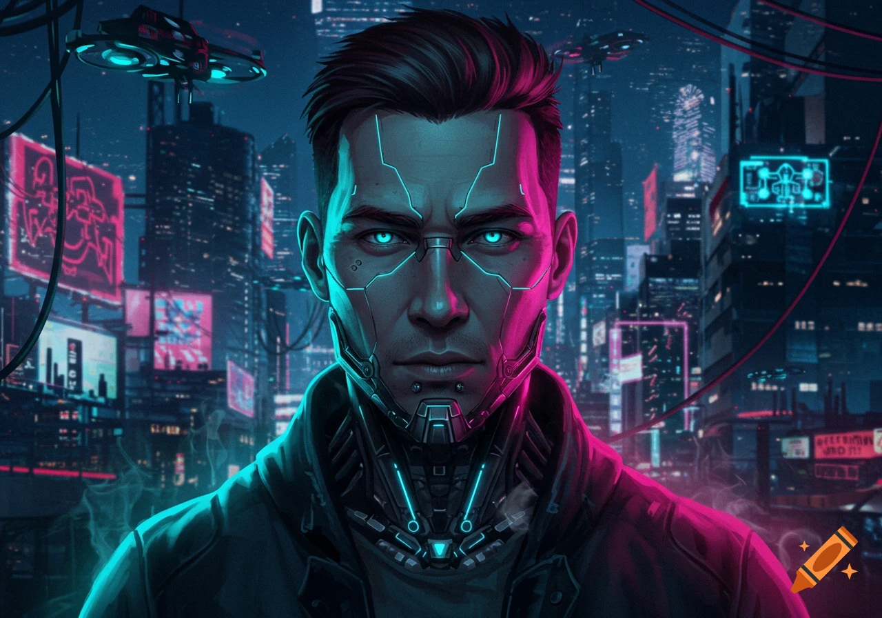 Close-up illustration of a cyberpunk cyborg man with glowing blue eyes and facial implants, against a neon-lit futuristic city.