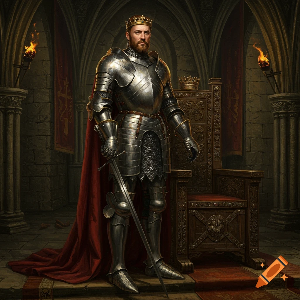 A medieval king in shining full plate armor, holding a sword, stands beside a large wooden throne in a torch-lit castle hall, in an oil painting style.