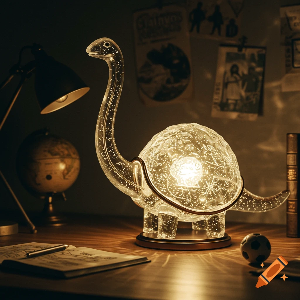 A glowing clear glass dinosaur-shaped lamp illuminates a dark wooden desk with a globe, open book, and miniature soccer ball.