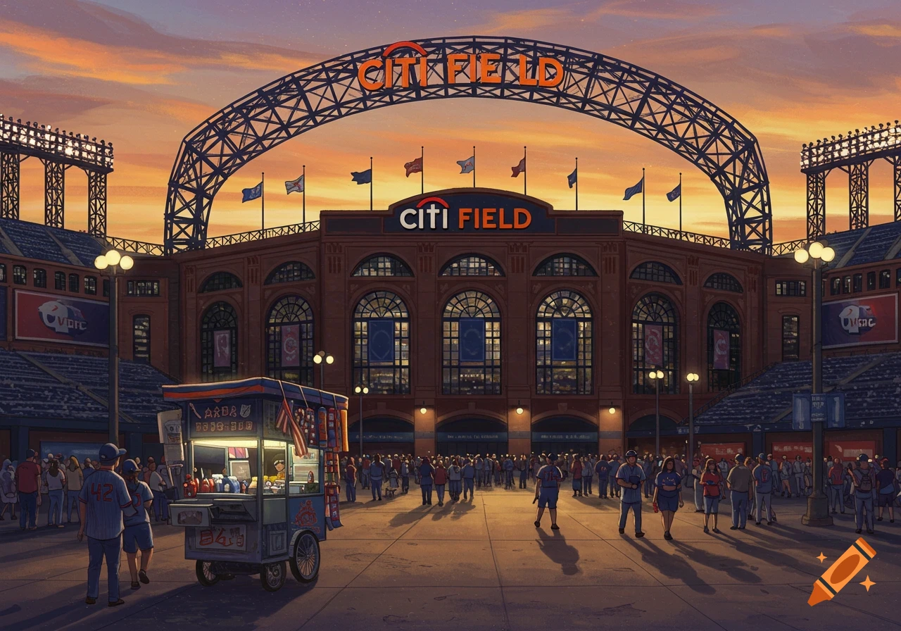 An artistic illustration of Citi Field baseball stadium at dusk, with an arch sign, crowds, and a hot dog stand outside.