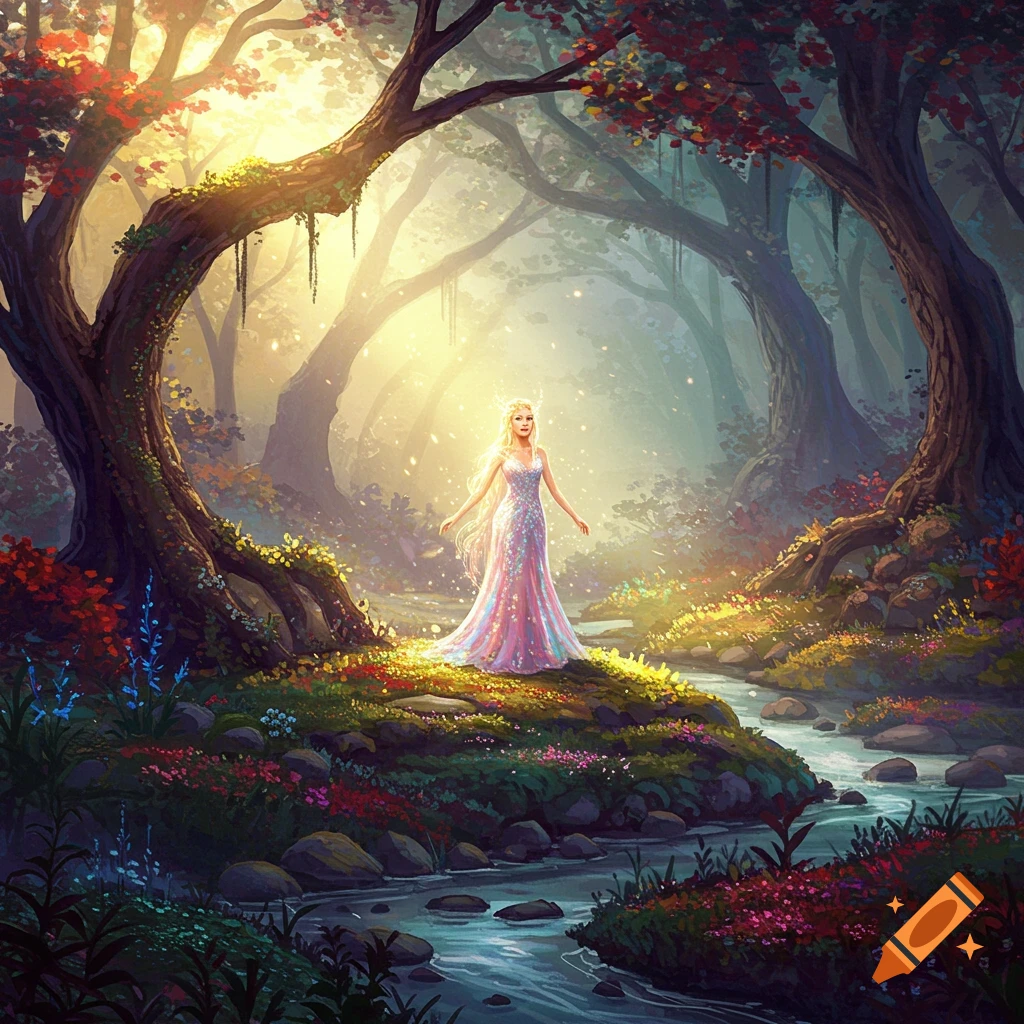 A radiant fairy in a shimmering pink gown stands on a mossy bank in a magical, sunlit forest with a stream.