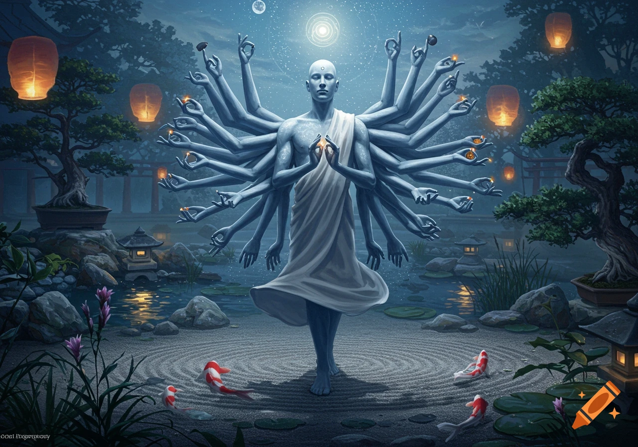 A multi-armed, bald, blue-skinned spiritual figure in a white robe stands in a moonlit Japanese zen garden with koi fish and lanterns.