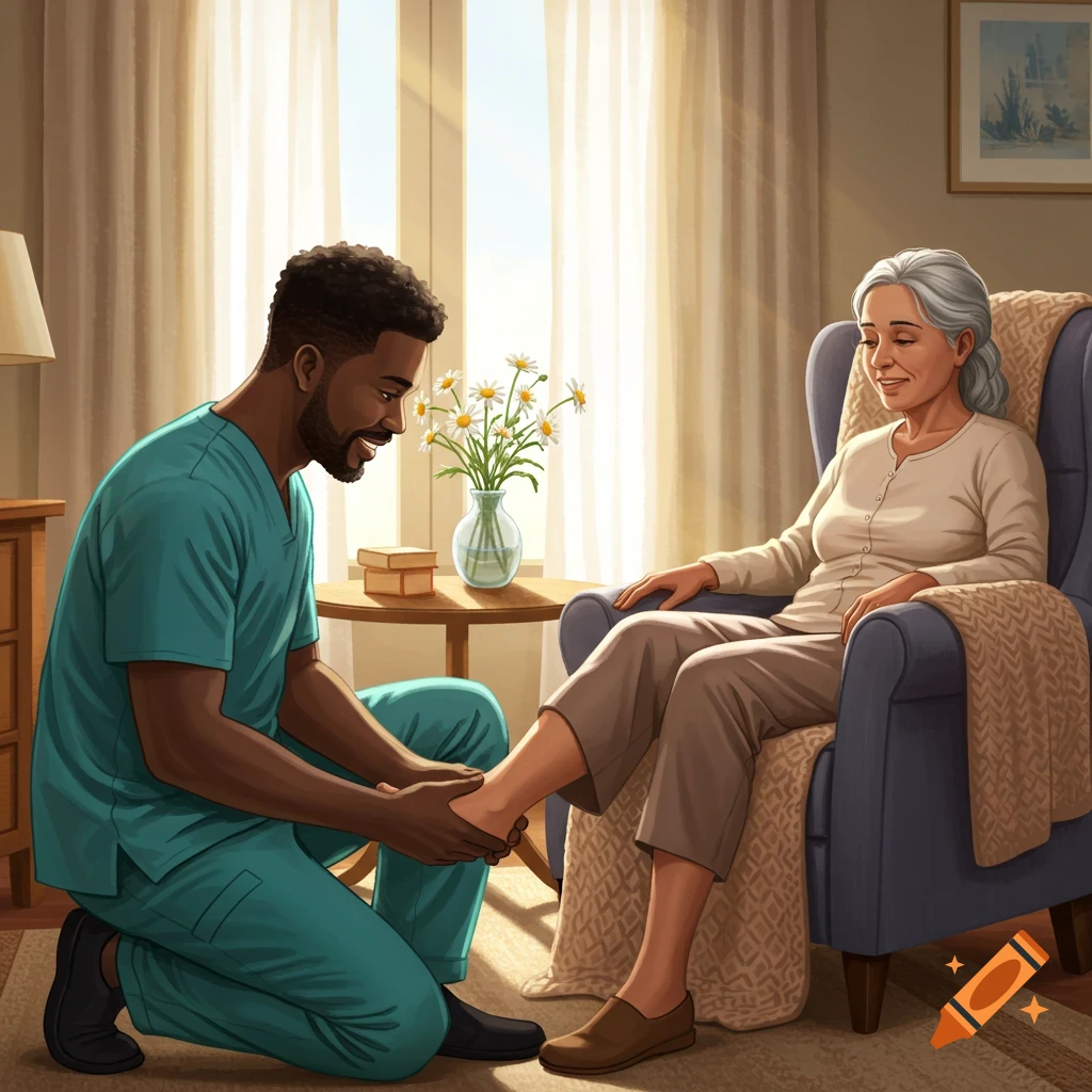 A Black male nurse kneels, gently holding an elderly White woman's foot in a sunlit home, both smiling.