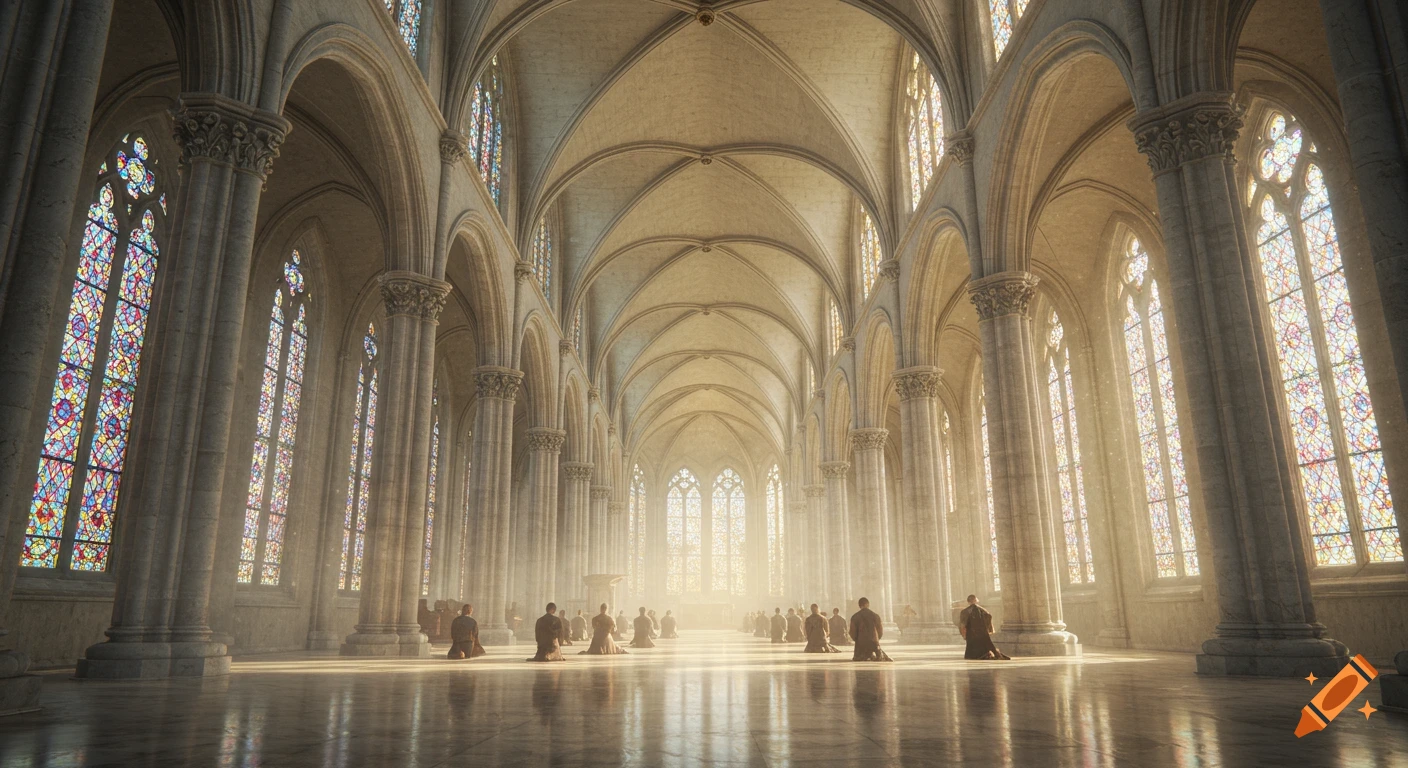 Grand cathedral interior with high vaulted ceilings, stained glass, people praying on a polished floor in soft light.