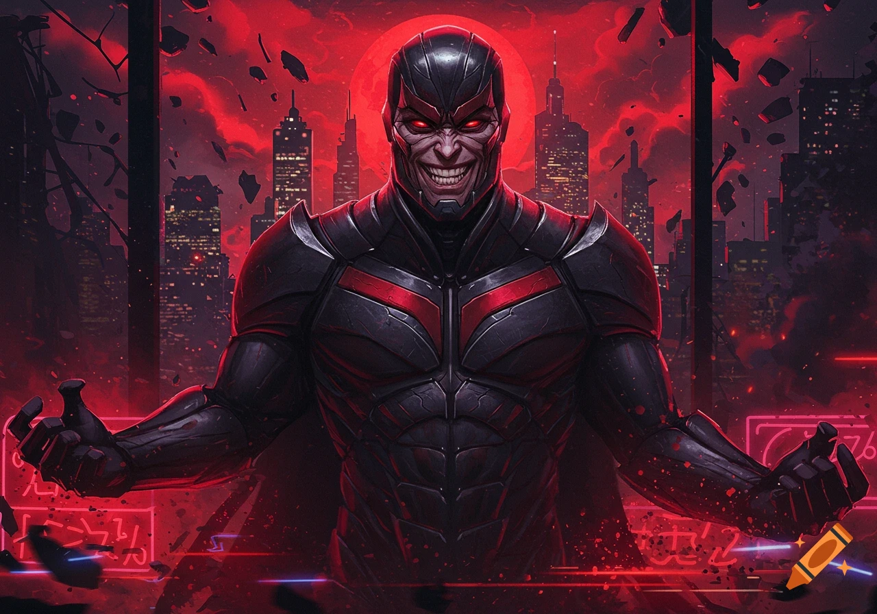 A sinister comic book villain in dark armor with red glowing eyes and a sharp-toothed grin stands before a red cityscape under a blood moon.